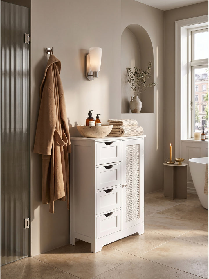 Schmaler Badschrank mit vier Schubladen platziert neben einem massiven Naturstein-Waschtisch in warmer Architektur._