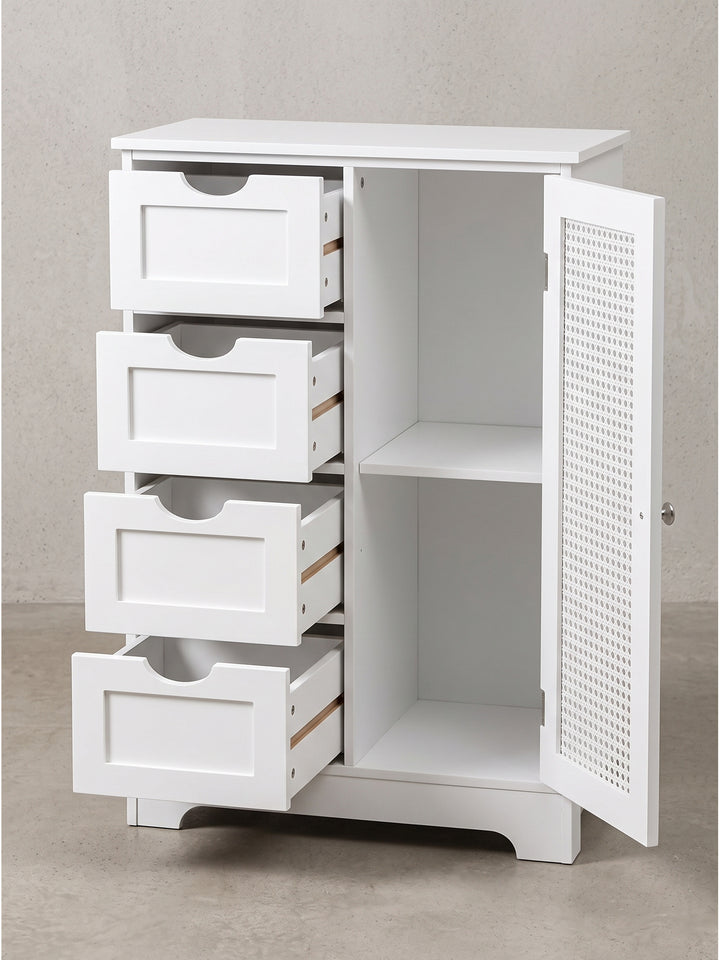 Frontale Perspektive des 80 cm hohen Badezimmerregals mit asymmetrischer Aufteilung aus Schubladen und Tür._
