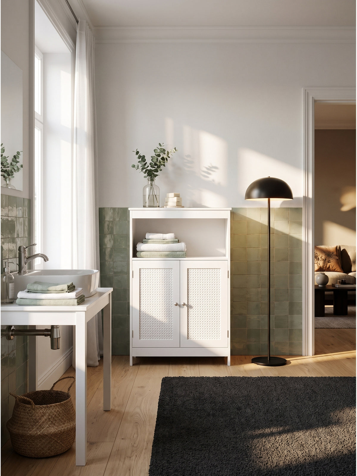 Schmaler Badschrank aus weißem lackiertem MDF mit Wiener Geflecht Türen 60x28x80 cm in einem luxuriösen Spa-Badezimmer mit beigen Tadelakt-Wänden und Travertin-Boden.
