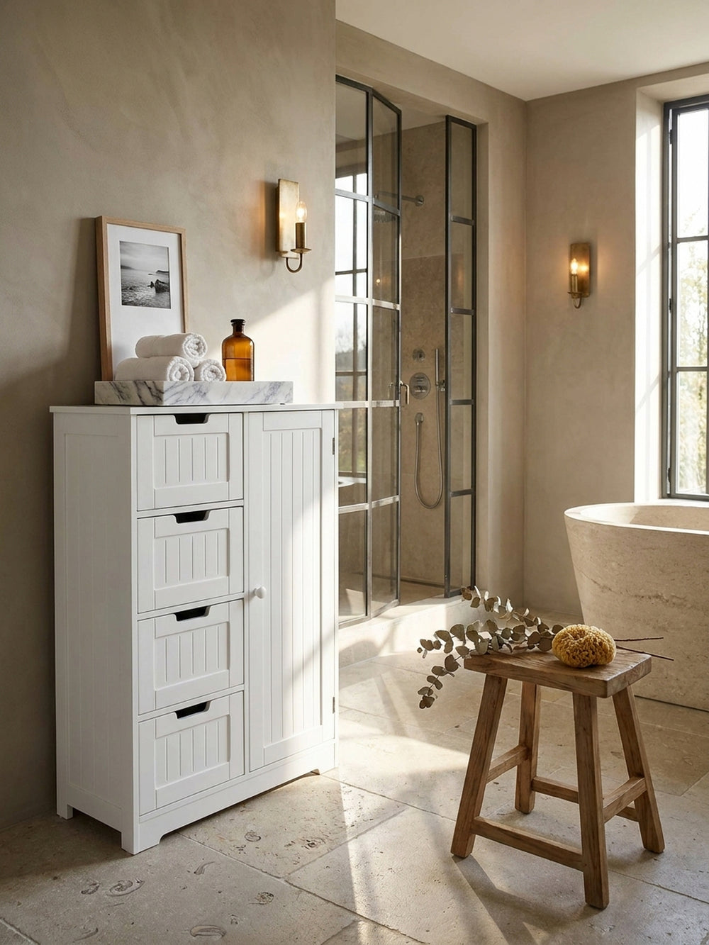 Eleganter weißer Badezimmerschrank im Landhausstil aus matt lackiertem MDF im luxuriösen Spa-Badezimmer auf großformatigen Kalksteinfliesen neben einer freistehenden Badewanne._