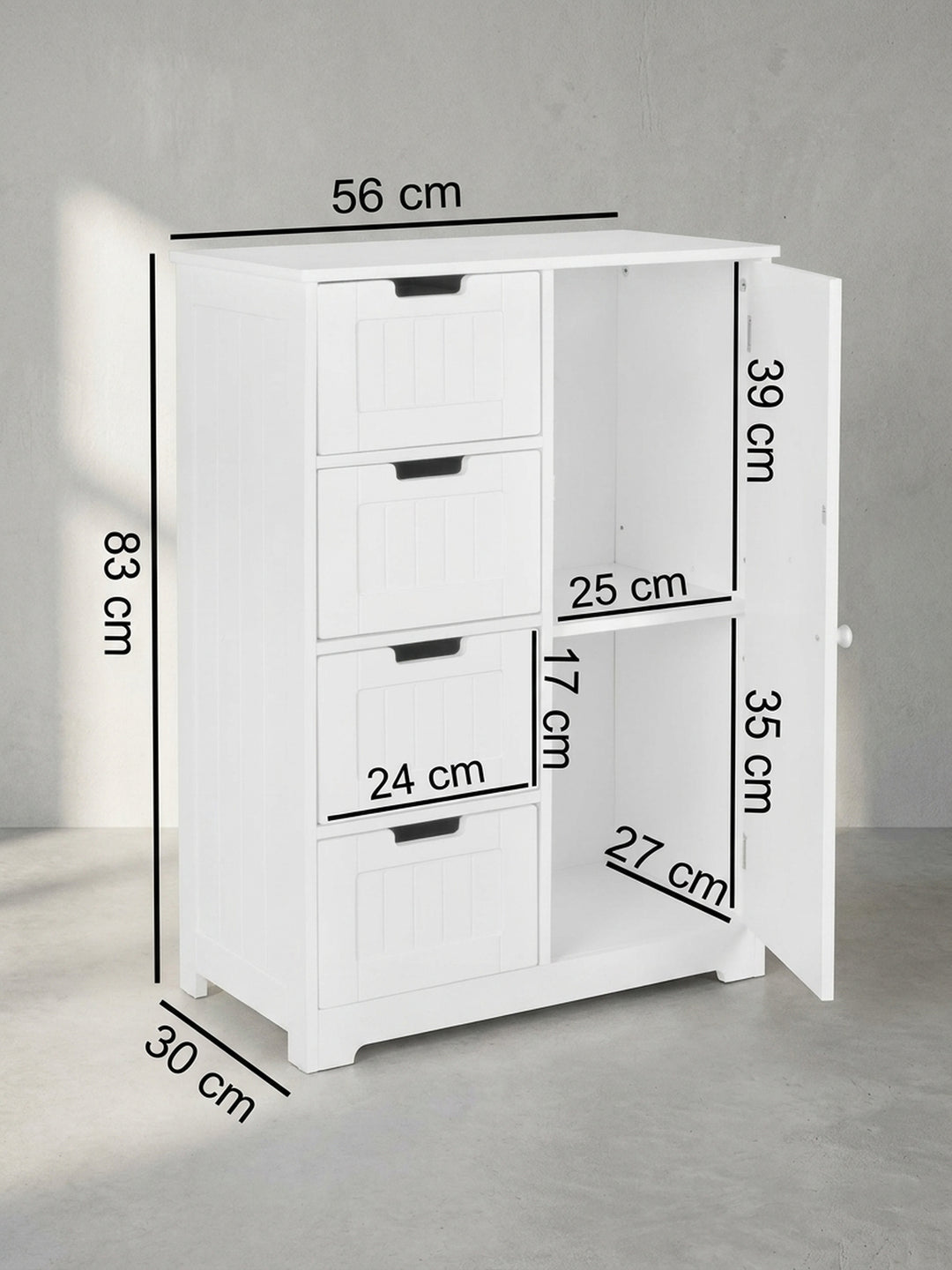 Technische Zeichnung des weißen Badschranks mit exakten Maßangaben von 56 cm Breite, 83 cm Höhe und 30 cm Tiefe zur optimalen Raumplanung im Bad._