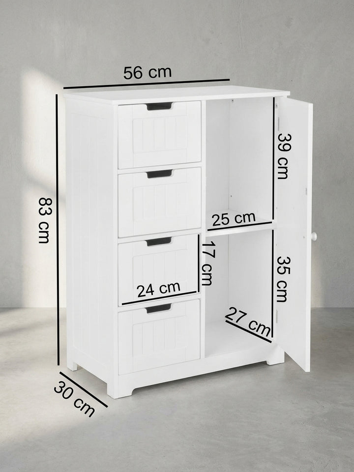 Technische Zeichnung des weißen Badschranks mit exakten Maßangaben von 56 cm Breite, 83 cm Höhe und 30 cm Tiefe zur optimalen Raumplanung im Bad._