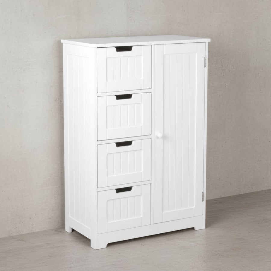 Badschrank im Landhausstil mit 4 Schubladen und Stauraum_ MDF_ weiß matt lackiert - KADIMA DESIGN_Größe_ 56x30x83 cm_