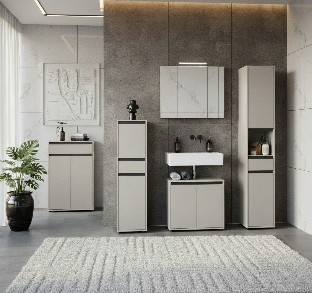 Badschrank HAMBURG | Steingrau | Soft-Close Dämpfung | Melaminharzbeschichtung | Nischenschrank schmal | Midischrank Kadima Design