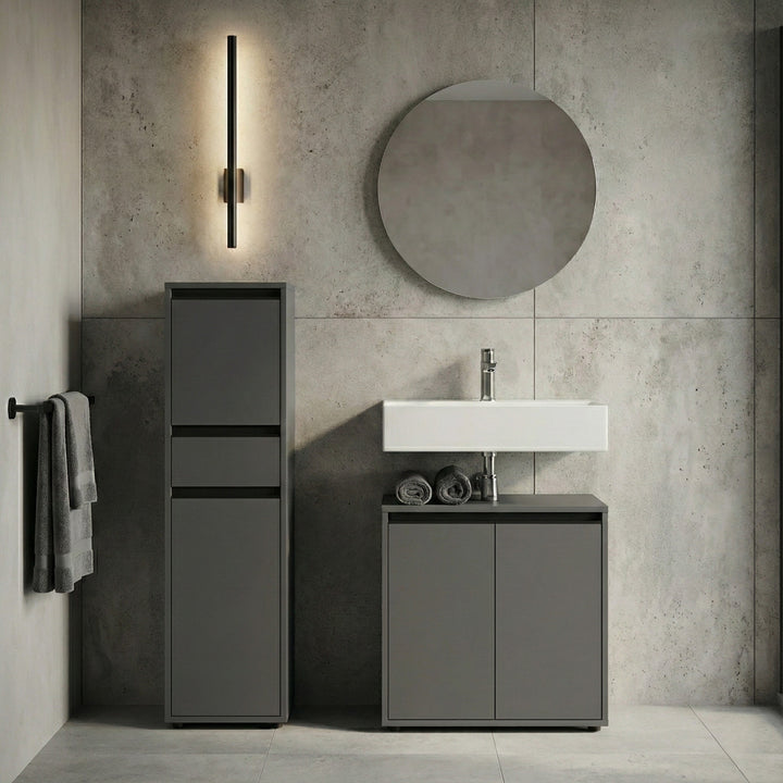 Badschrank HAMBURG | Graphit | Soft-Close Dämpfung | Melaminharzbeschichtung | Nischenschrank schmal | Midischrank Kadima Design_