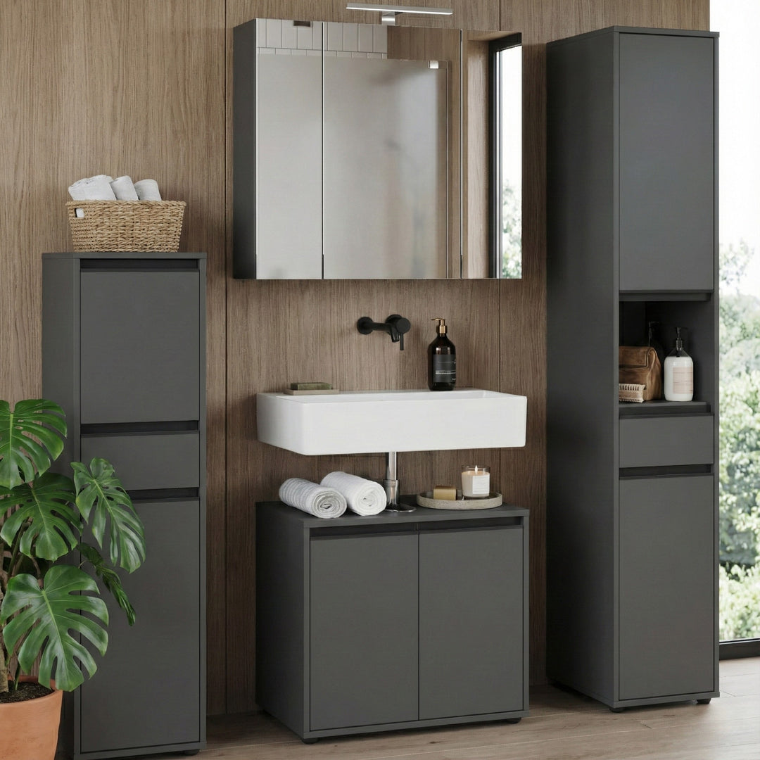 Badschrank HAMBURG | Graphit | Soft-Close Dämpfung | Melaminharzbeschichtung | Nischenschrank schmal | Midischrank Kadima Design_