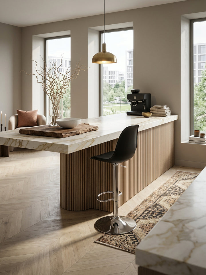 Barhocker Eiche Massivholz schwarz 40x40x104 cm in modernem Offene High-End Küche / Kücheninsel Einrichtung Design Möbel mit Ablagefach hochwertig modern stilvoll einrichten Wohnen Interior_
