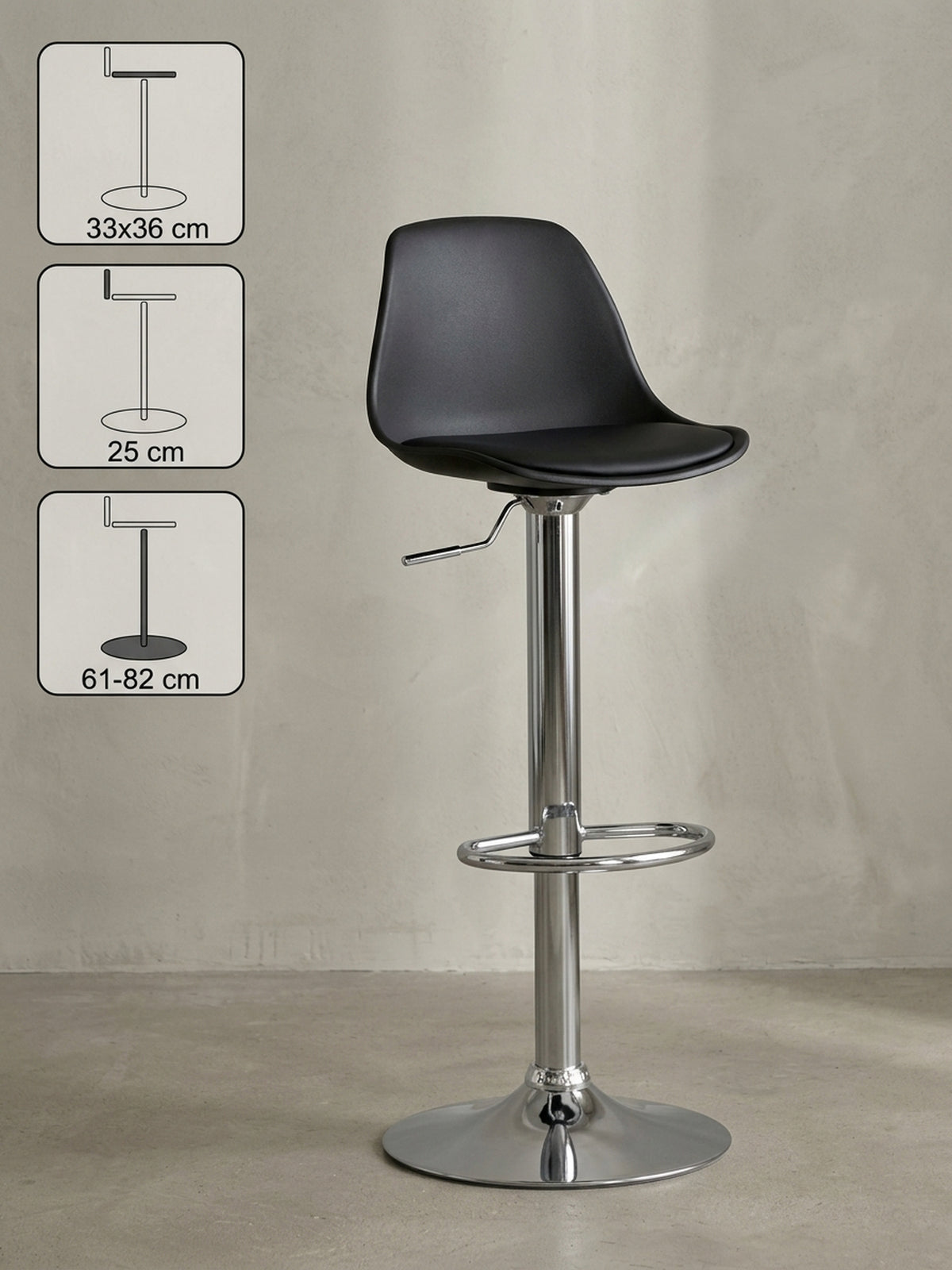Barhocker BERN in Schwarz mit verchromtem Gestell und Fußring, Maß-Piktogramme: Sitzfläche 33 x 36 cm, Rückenlehne 25 cm, Sitzhöhe 61–82 cm_