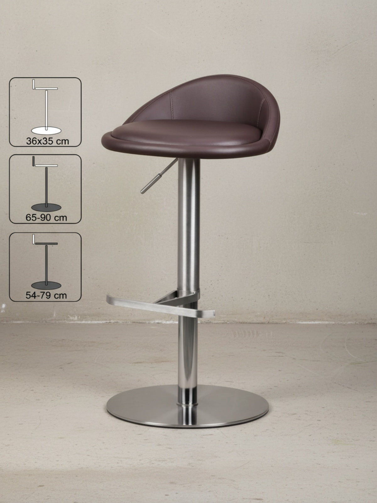 Barhocker DONAU_ höhenverstellbar_ halbrunde Rückenlehne_ Edelstahl_ max. 110 kg Belastung - KADIMA DESIGN_Farbe_ Braun_ Größe_ 43x43x90 cm_