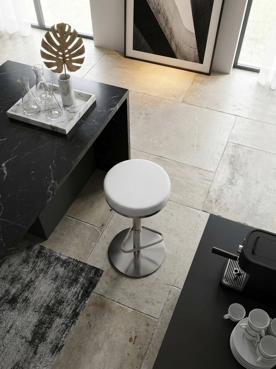 Die Draufsicht auf den Tresenbereich zeigt den weißen Barstuhl mit seiner runden Sitzfläche in perfekter Symmetrie zur minimalistischen Architektur._
