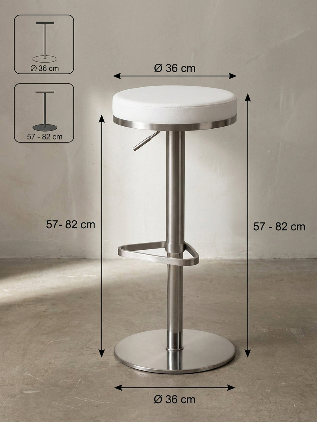 Die technische Zeichnung des Barhockers visualisiert exakte Maße wie den 36 cm Sitzdurchmesser und die variable Höhe von 57 bis 82 cm._