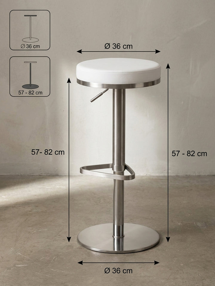 Die technische Zeichnung des Barhockers visualisiert exakte Maße wie den 36 cm Sitzdurchmesser und die variable Höhe von 57 bis 82 cm._