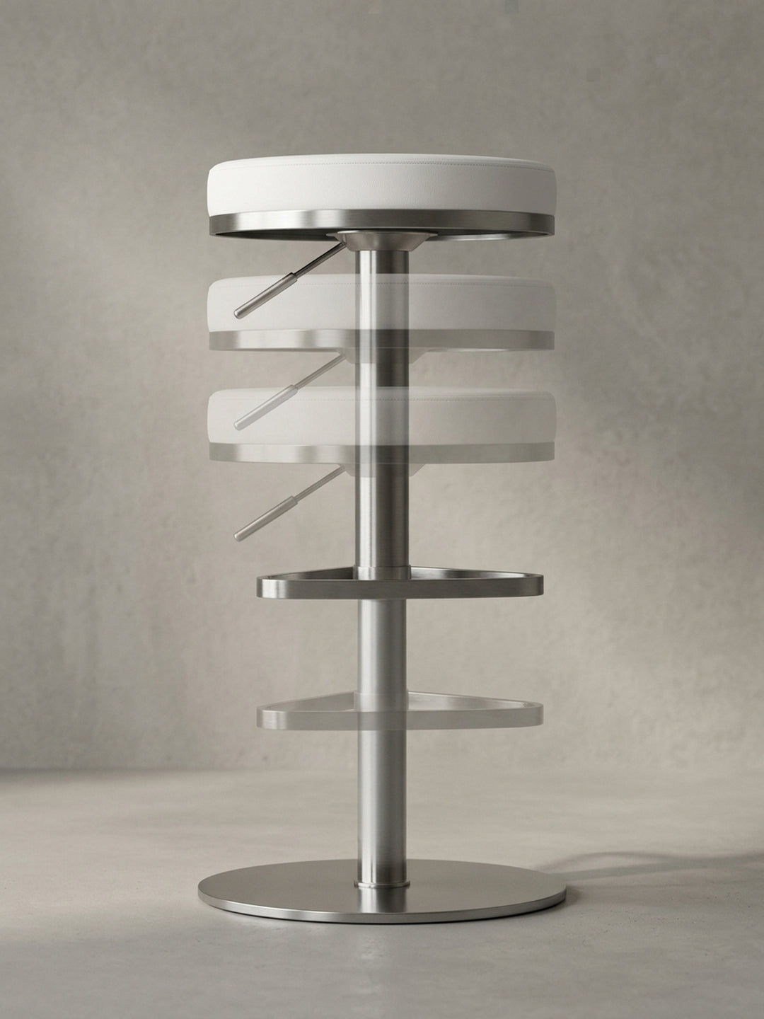Eine alternative Perspektive des Design-Barhockers fokussiert sich auf die geometrische, dreieckige Fußstütze aus gebürstetem Metall._
