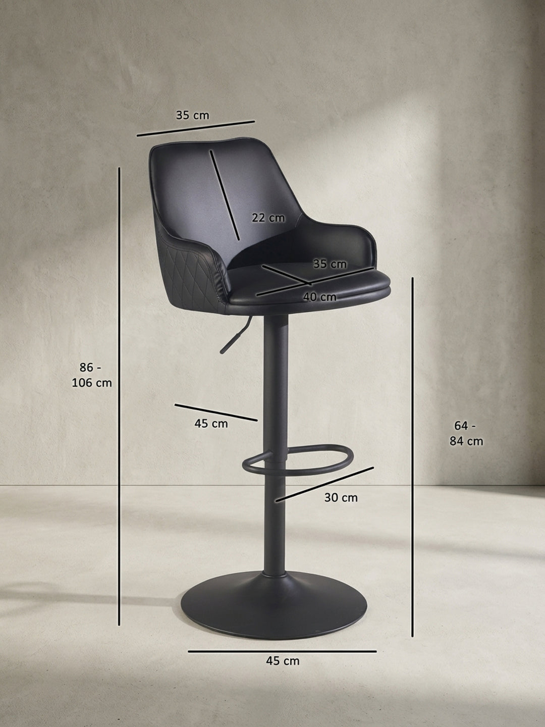 Technische Zeichnung des Barhockers mit seinen genauen Maßen, einer Gesamthöhe von 86 bis 106 cm und einer Sitzbreite von 40 cm._