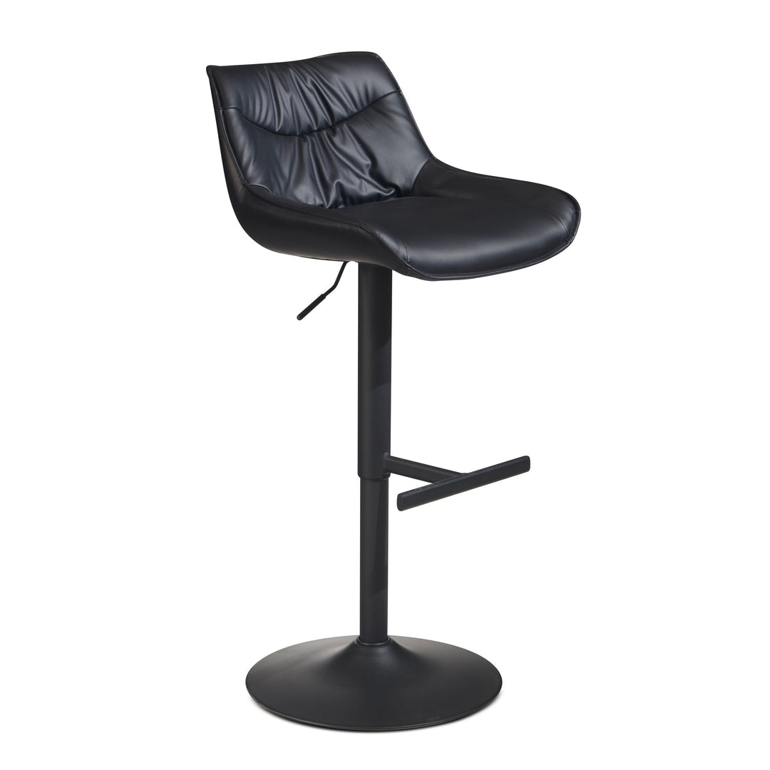 Barhocker – Kunstleder Schwarz, Rückenlehne, höhenverstellbar 86–106 cm, Trompetenfuß, 100 kg