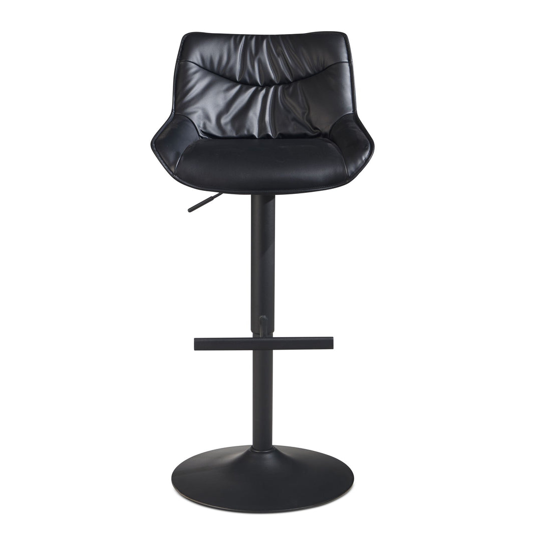Barhocker – Kunstleder Schwarz, Rückenlehne, höhenverstellbar 86–106 cm, Trompetenfuß, 100 kg