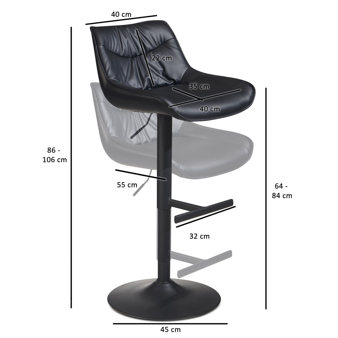 Barhocker Kunstleder Schwarz Hocker mit Lehne 86  - 106 cm - Küchenhocker Höhenverstellbar Modern 100 kg - Design Barstuhl Tresenhocker mit Metall-Trompetenfuß - Bistrohocker Gepolstert_
