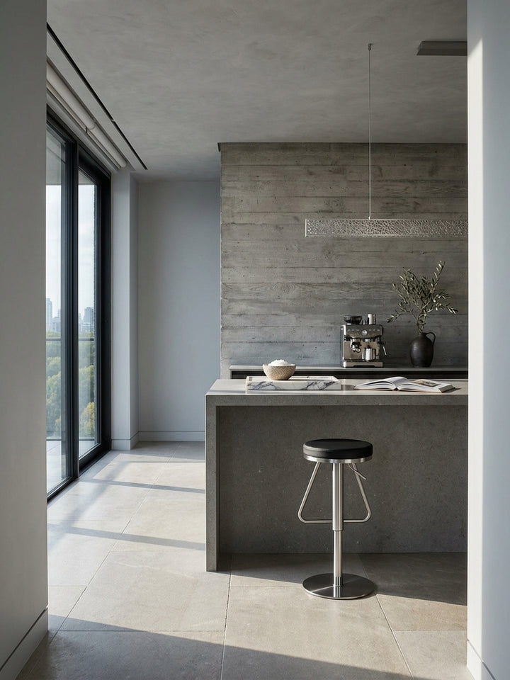 Moderner Barhocker in Schwarz mit Edelstahlgestell an einer freistehenden Kücheninsel aus dunklem Kalkstein im puristischen Architektenhaus._