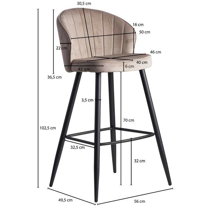 Barhocker Samt Lehne Skandi-Stil Stoff Metall Gepolstert