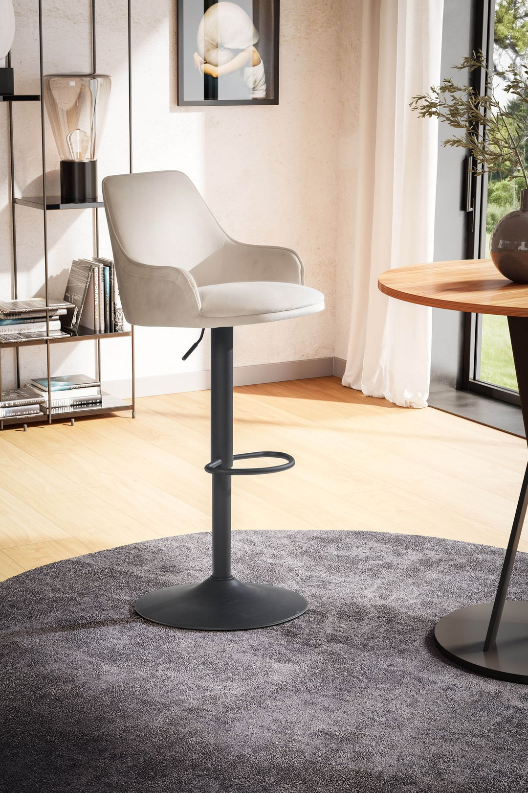 Barhocker Samt Hocker mit Lehne 86  - 106 cm - Küchenhocker Höhenverstellbar Modern 100 kg - Barstuhl Tresenhocker mit Metall-Trompetenfuß - Bistrohocker Gepolstert mit Armlehne_
