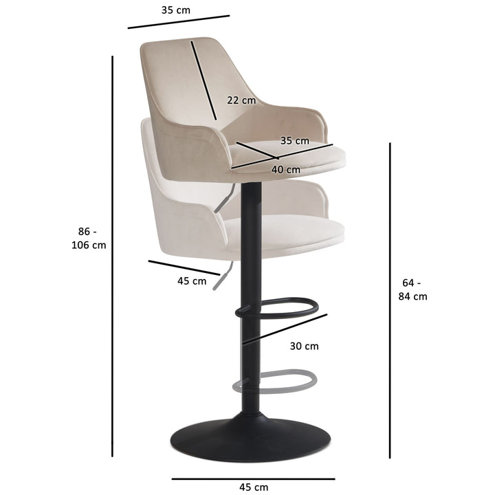 Barhocker Samt Hocker mit Lehne 86  - 106 cm - Küchenhocker Höhenverstellbar Modern 100 kg - Barstuhl Tresenhocker mit Metall-Trompetenfuß - Bistrohocker Gepolstert mit Armlehne_
