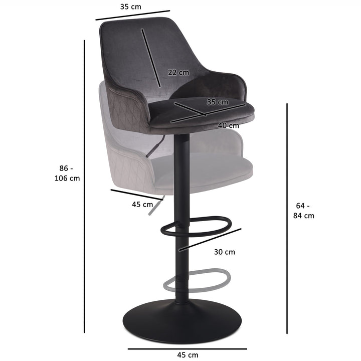 Barhocker Samt Hocker mit Lehne 86  - 106 cm - Küchenhocker Höhenverstellbar Modern 100 kg - Barstuhl Tresenhocker mit Metall-Trompetenfuß - Bistrohocker Gepolstert mit Armlehne_