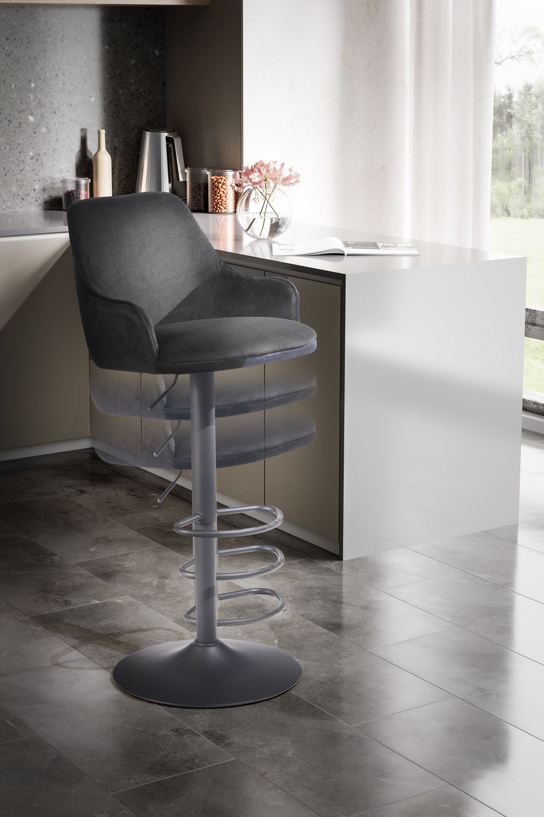 Barhocker Samt Hocker mit Lehne 86  - 106 cm - Küchenhocker Höhenverstellbar Modern 100 kg - Barstuhl Tresenhocker mit Metall-Trompetenfuß - Bistrohocker Gepolstert mit Armlehne_