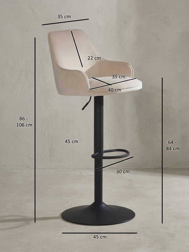 Technische Zeichnung des Barhockers mit allen relevanten Maßen: Gesamthöhe 86-106 cm, Sitzhöhe 64-84 cm und Breite von 45 cm._