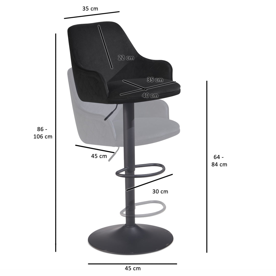 Barhocker Samt Hocker mit Lehne 86  - 106 cm - Küchenhocker Höhenverstellbar Modern 100 kg - Barstuhl Tresenhocker mit Metall-Trompetenfuß - Bistrohocker Gepolstert mit Armlehne_