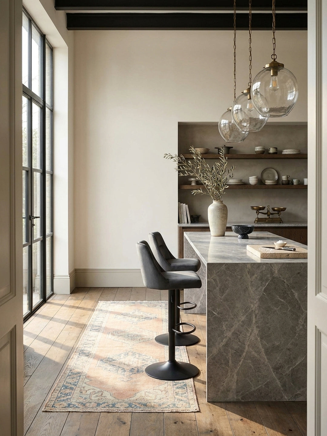 Moderner Barhocker aus grauem Samt in einer Designer-Küche mit Marmorinsel und Eichenparkett, ideal für stilvolles Wohnen._