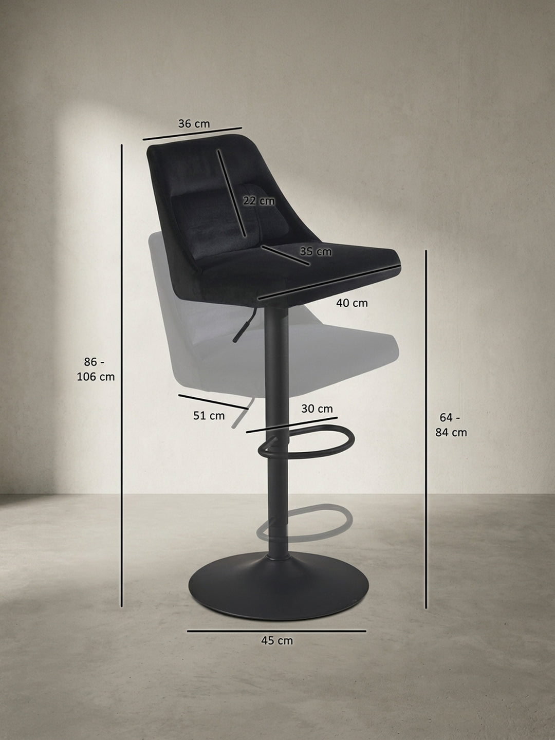 Barhocker mit exakten Maßen: Gesamthöhe 86-106 cm und Sitzhöhe 64-84 cm, ideal für die Planung der perfekten Thekenhöhe in der Küche._