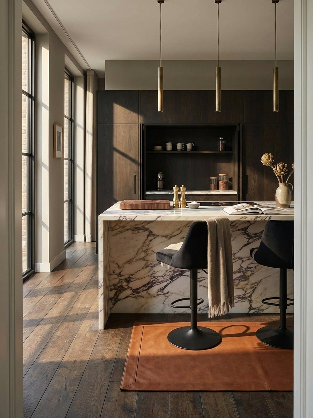 Eleganter Barhocker aus schwarzem Samt an einer Kücheninsel aus Marmor in einem modernen Penthouse mit Eichenholzboden und viel Tageslicht._