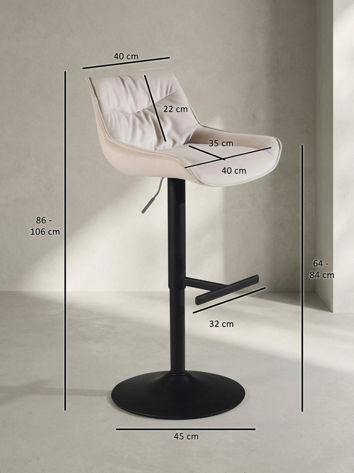 Technische Zeichnung des Barhockers mit allen exakten Maßen: Gesamthöhe 86-106 cm, Sitzbreite 40 cm, ideal für die Planung Ihrer Kücheninsel._