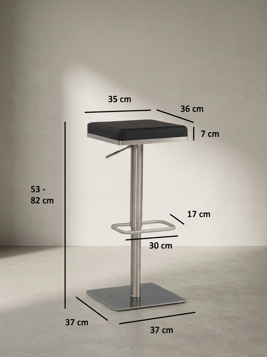 Technisches Maßbild des Barhockers mit allen relevanten Abmessungen wie Sitzhöhe von 53-82 cm und einer Standfläche von 37x37 cm._