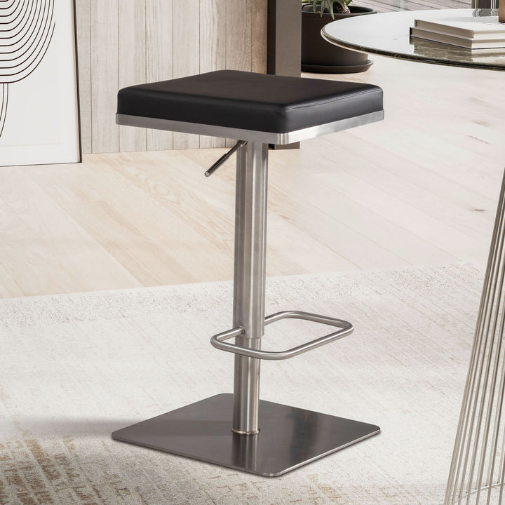 Barhocker – Schwarz, Kunstleder, Edelstahl, höhenverstellbar, drehbar, gepolstert, Modern