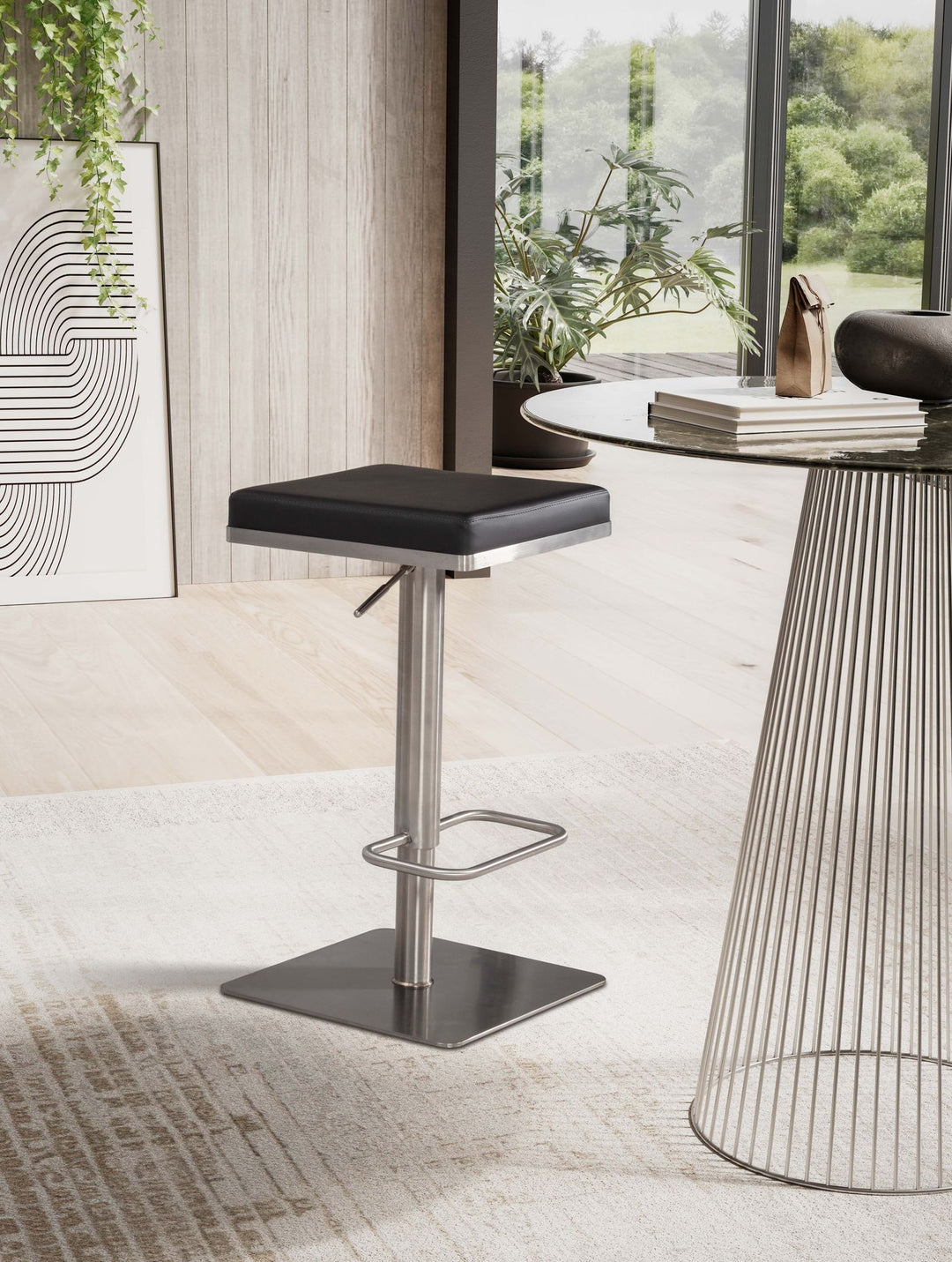 Barhocker – Schwarz, Kunstleder, Edelstahl, höhenverstellbar, drehbar, gepolstert, Modern