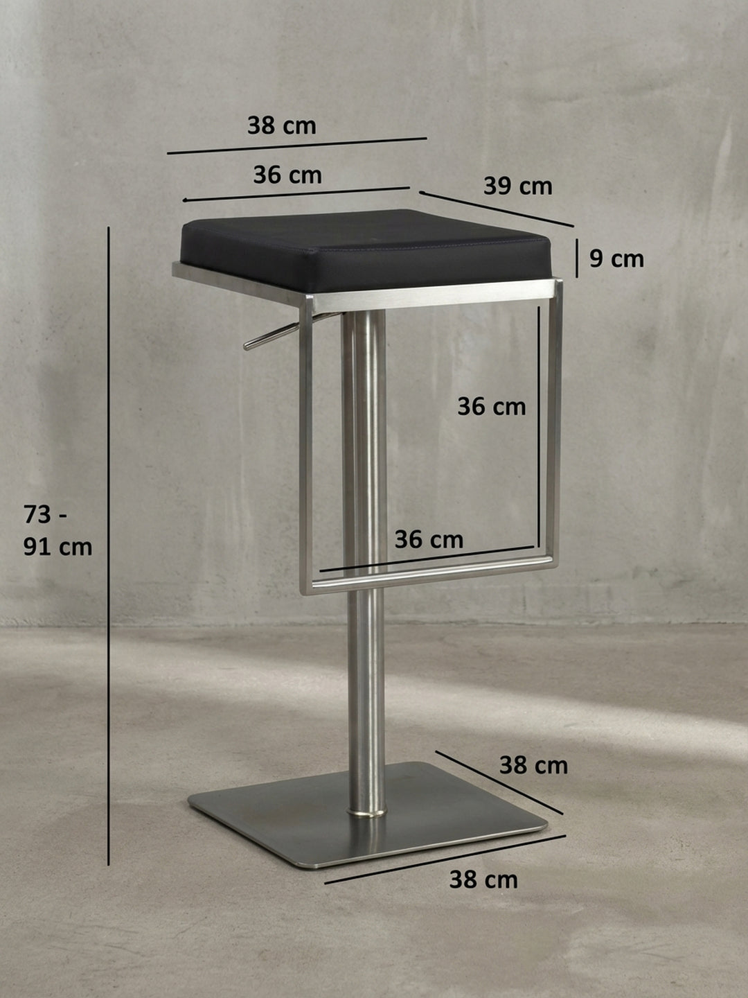 Technisches Maßbild des Barhockers mit allen exakten Abmessungen: verstellbare Höhe 73-91 cm, Breite 38 cm, Tiefe 39 cm._