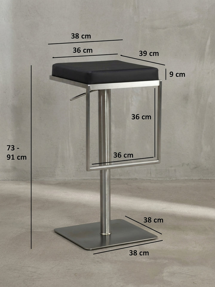 Technisches Maßbild des Barhockers mit allen exakten Abmessungen: verstellbare Höhe 73-91 cm, Breite 38 cm, Tiefe 39 cm._