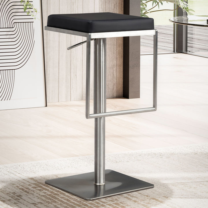 Barhocker – Schwarz, Kunstleder, Edelstahl, höhenverstellbar, drehbar, gepolstert, Modern