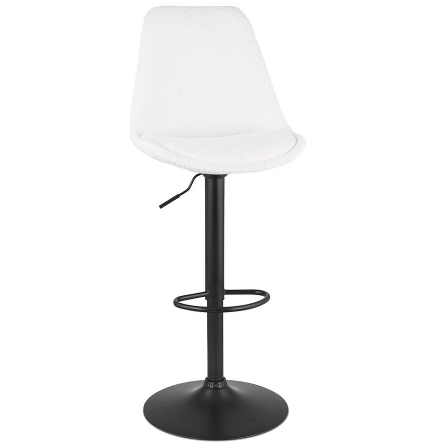 Weißer Barhocker RONARO - Höhenverstellbar 60-80 cm - 360° drehbar - Bouclé-Stoffbezug. Ergonomische Rückenlehne für optimalen Sitzkomfort. Ideal für moderne Küchen._