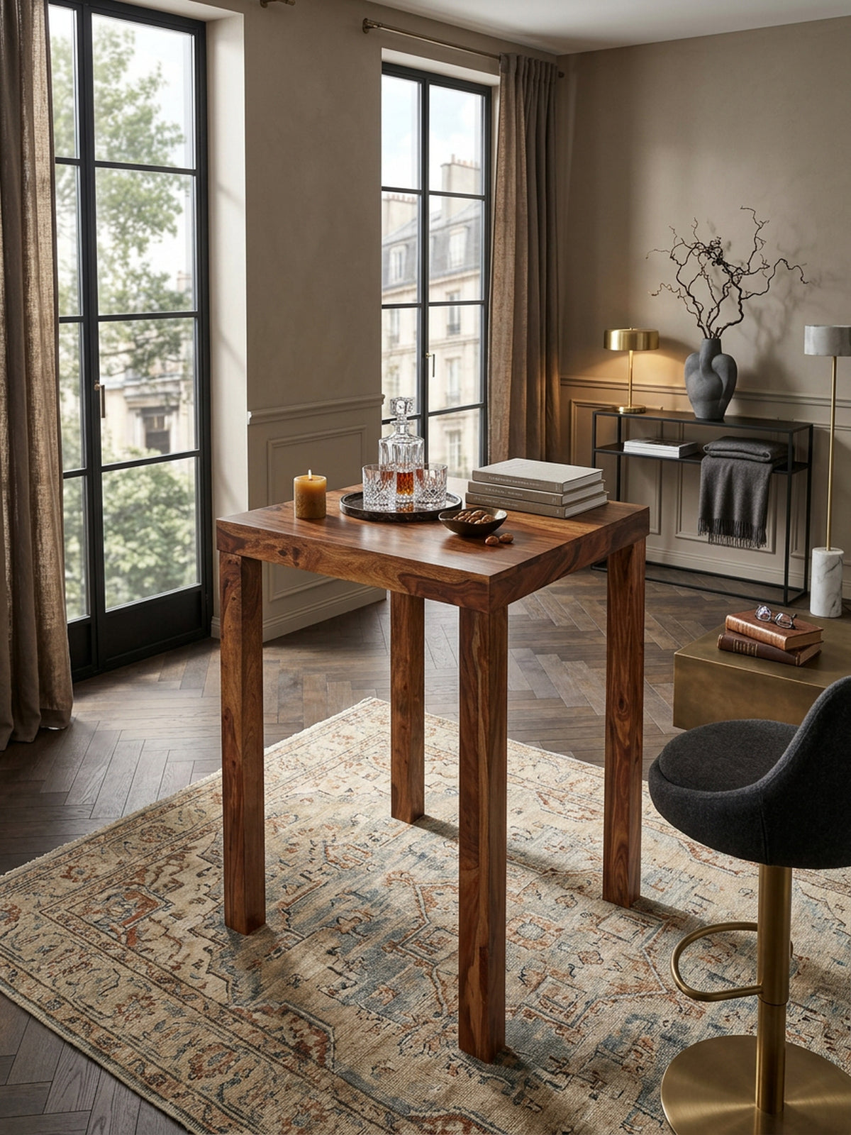 Rustikaler Sheeshamholz Bartisch  Stabile Konstruktion  Einzigartiges Design - KADIMA DESIGN Größe  80x80x110 cm