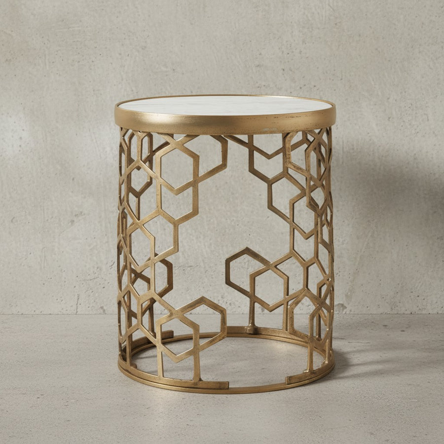 Beistelltisch &quot;Alba&quot;_ Marmorstruktur_ goldfarbenes Metallgestell_ 44 cm Durchmesser - KADIMA DESIGN_Größe_ 46x46x55 cm_