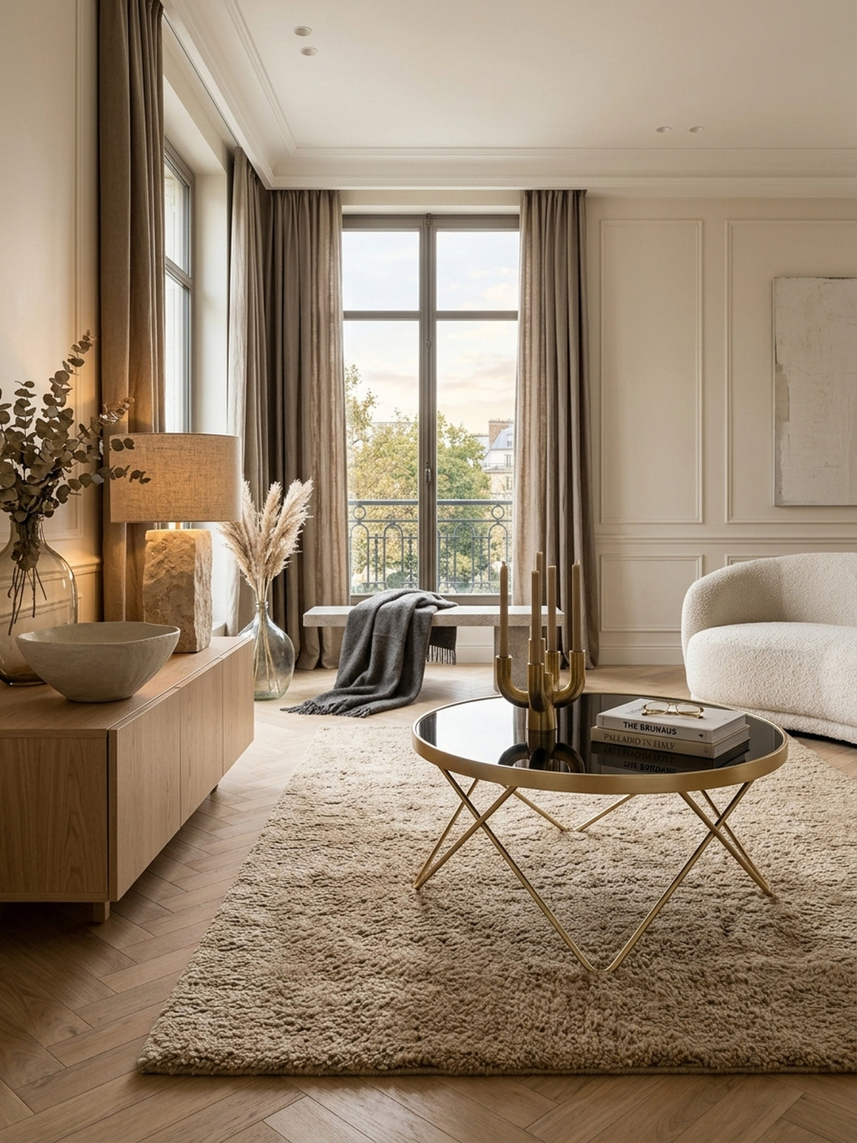 Runder Couchtisch in Schwarz und Gold im eleganten Wohnzimmer. Der 82 cm große Glastisch mit filigranem Metallgestell wirkt luxuriös auf einem hellen Teppich neben dem hellgrauen Sofa.