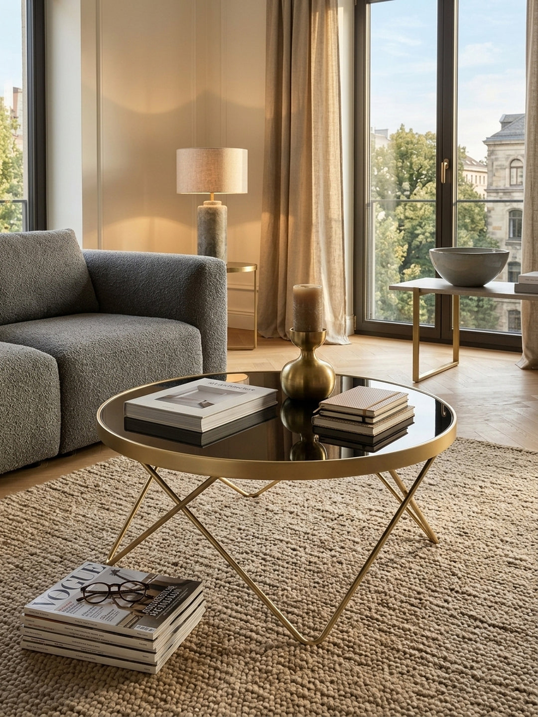 Draufsicht auf den runden Wohnzimmertisch mit schwarzer Glasplatte und mattgoldenem Rand. Das 82x82 cm große Möbelstück fügt sich harmonisch in die moderne Raumgestaltung ein._