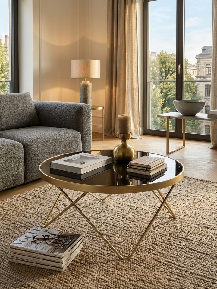 Draufsicht auf den runden Wohnzimmertisch mit schwarzer Glasplatte und mattgoldenem Rand. Das 82x82 cm große Möbelstück fügt sich harmonisch in die moderne Raumgestaltung ein._