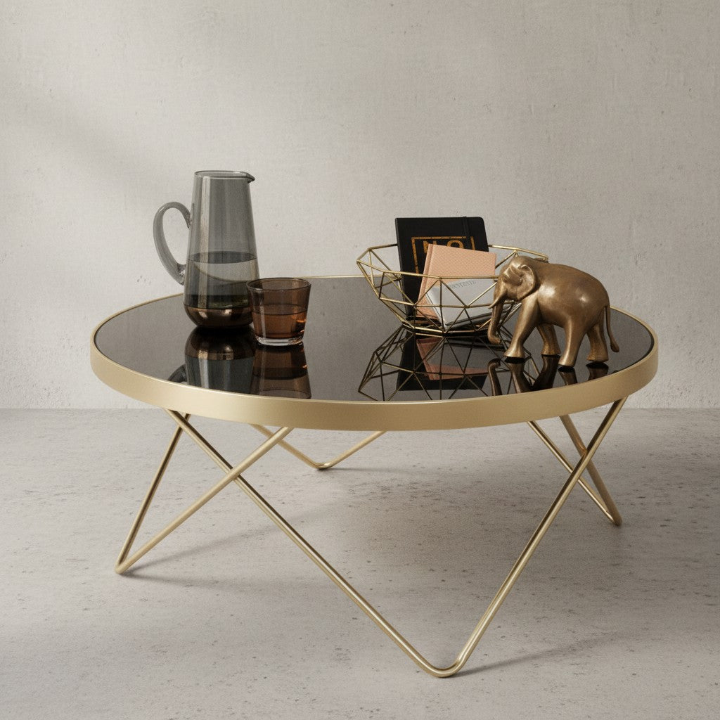 Beistelltisch &quot;Retro-Charme&quot;_ schwarze Glasplatte_ goldene Beine_ 82 cm Durchmesser - KADIMA DESIGN_Größe_ 82x82x39 cm_
