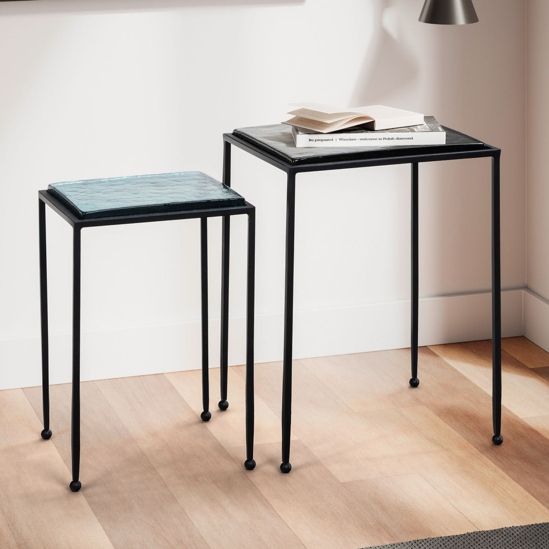 Beistelltisch-Set Blau/Schwarz Glas/Metall Eckig Abnehmbare Tischplatte