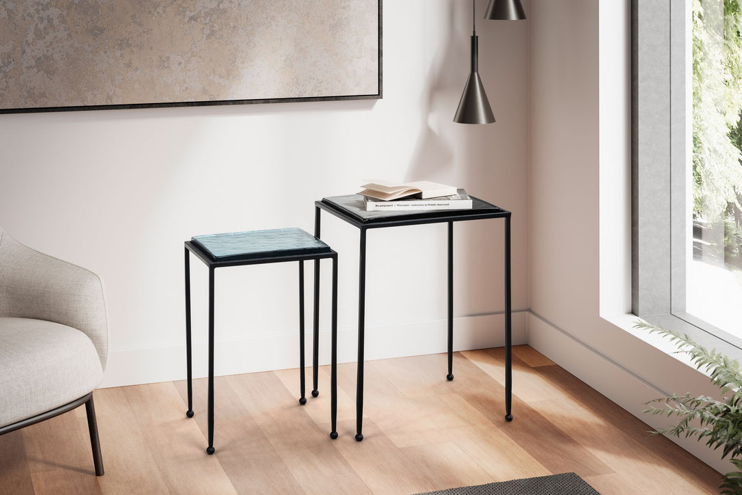 Beistelltisch-Set Blau/Schwarz Glas/Metall Eckig Abnehmbare Tischplatte