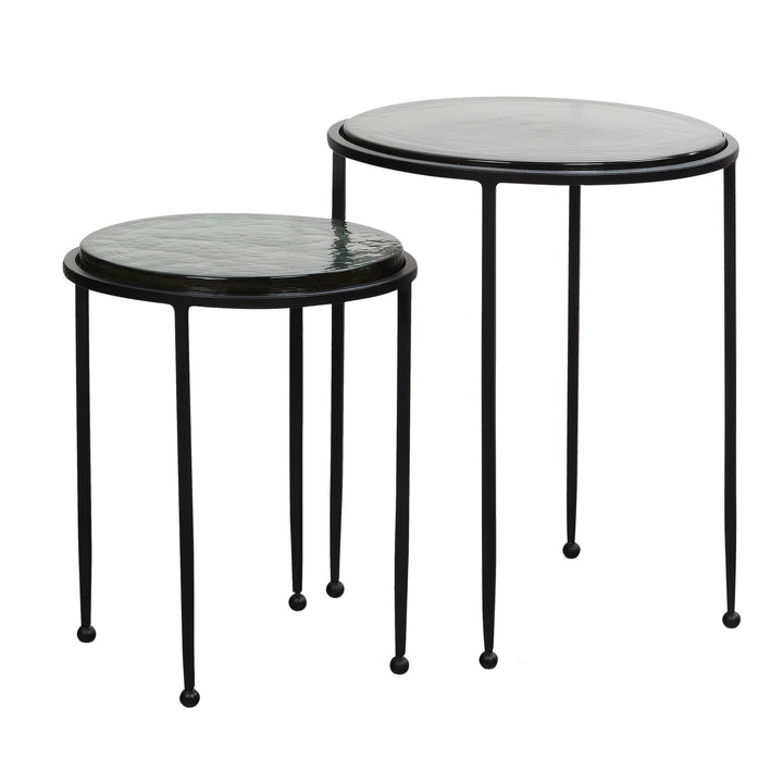 Beistelltisch Set Grün Schwarz Rund Glas Metall Modern Abnehmbare Tischplatte
