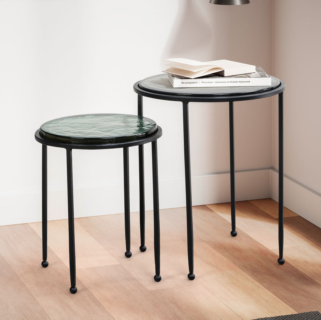 Beistelltisch Set Grün Schwarz Rund Glas Metall Modern Abnehmbare Tischplatte